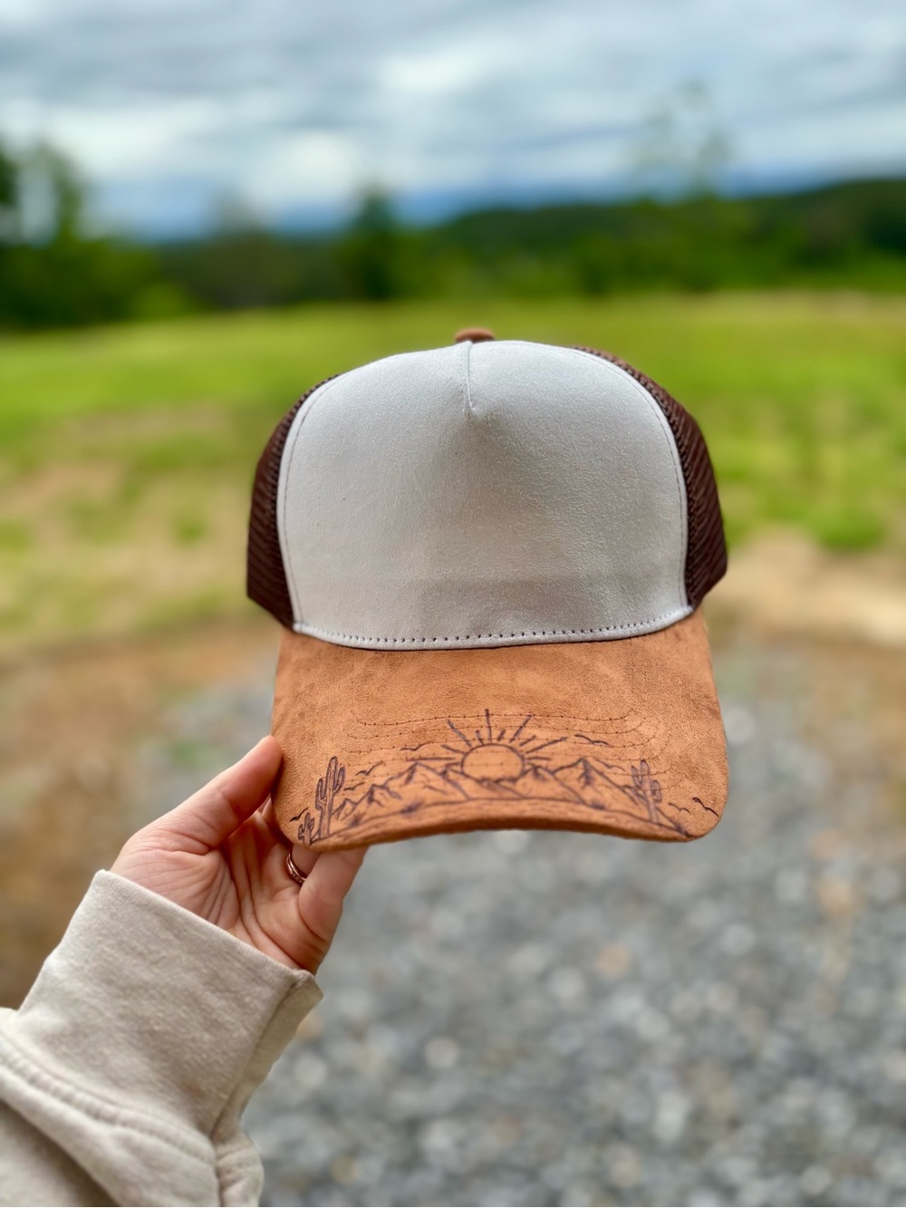 Neutral & Brown Trucker Hat with Sunrise burn